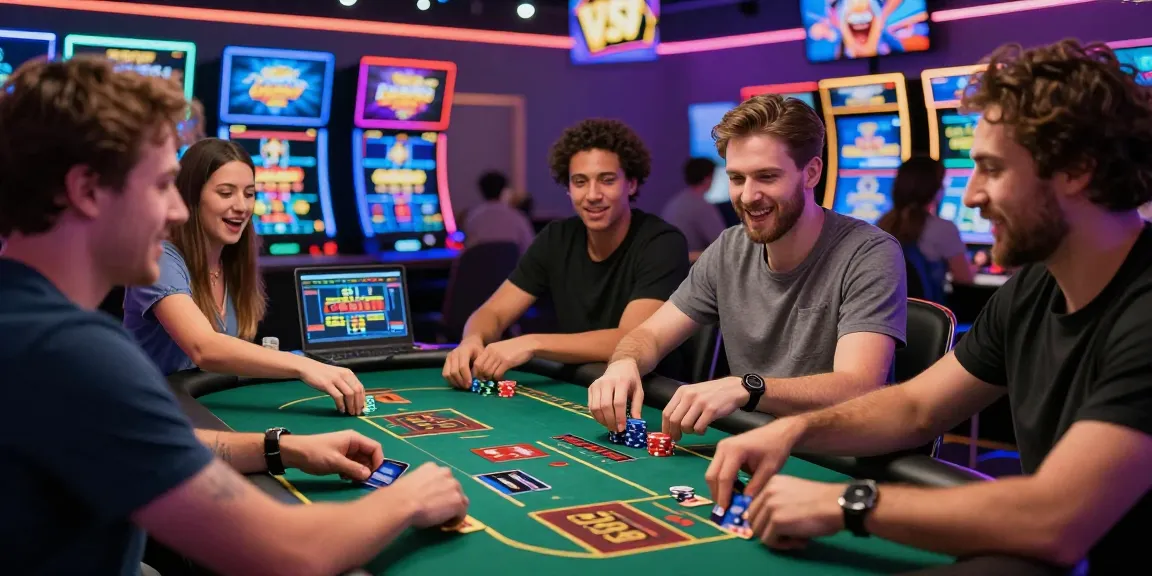 Engaged players enjoying a vibrant gaming session at credit card casinos, with visible credit cards and colorful game graphics.