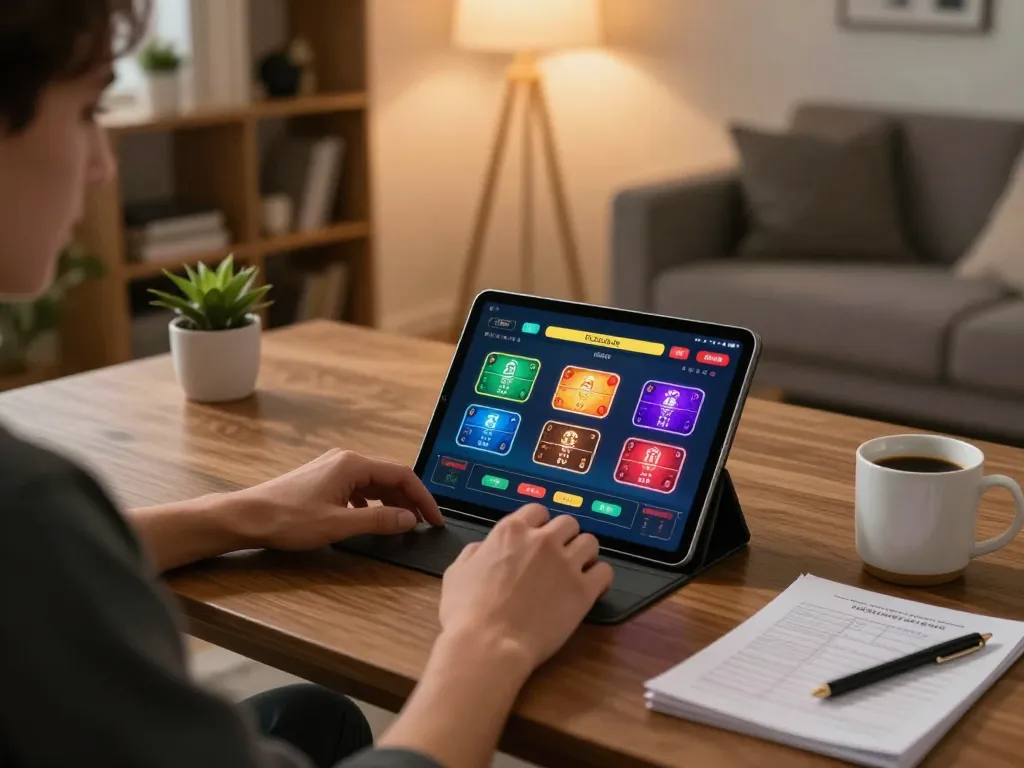 Using the zumospin no deposit bonus code for online gaming at home, tablet displaying casino games.