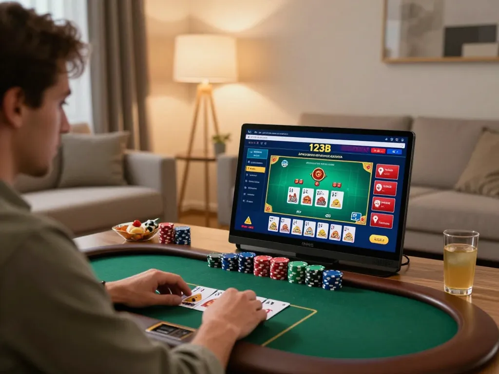 Engaging with 123b casino game interface in a cozy home setting while enjoying safe online gambling.