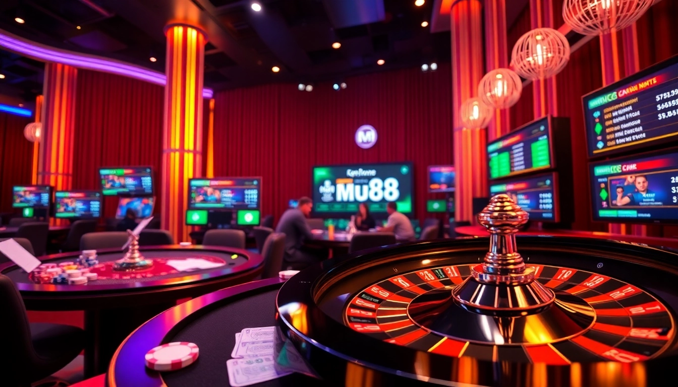 Experience the thrill of gambling with mu88 in a luxurious casino environment featuring vibrant colors and sleek designs.
