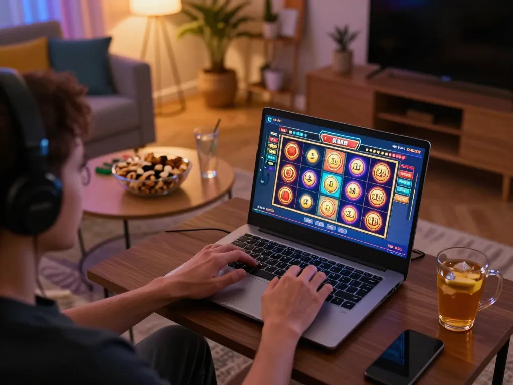 Engaged player using trang chủ nk88 online casino app on a laptop, showcasing vibrant gameplay.