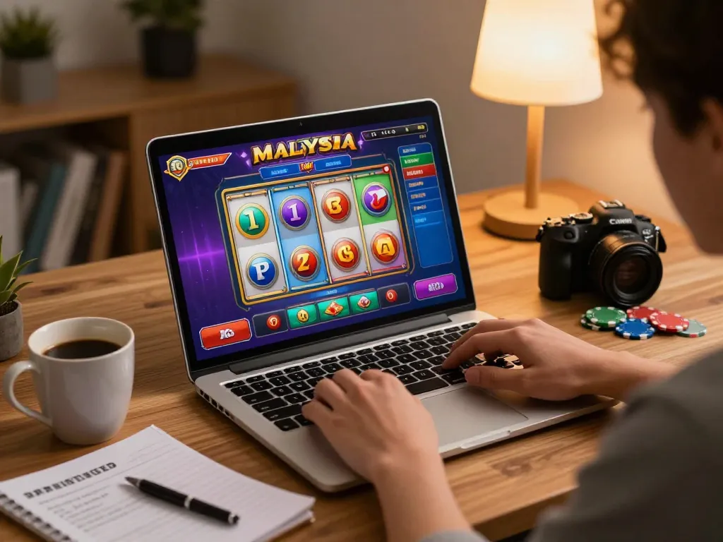 Engaging Slot Malaysia online gameplay featuring a player strategizing with chips and a laptop