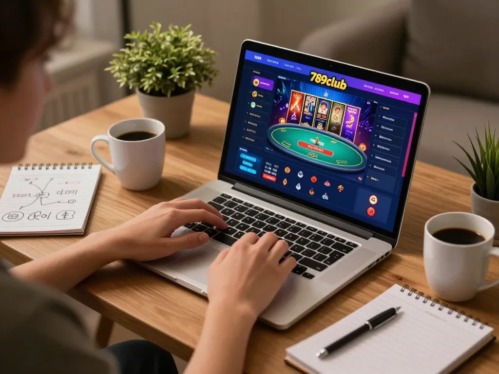 Player enjoying 789club online gaming on a laptop with strategy notes beside a coffee mug