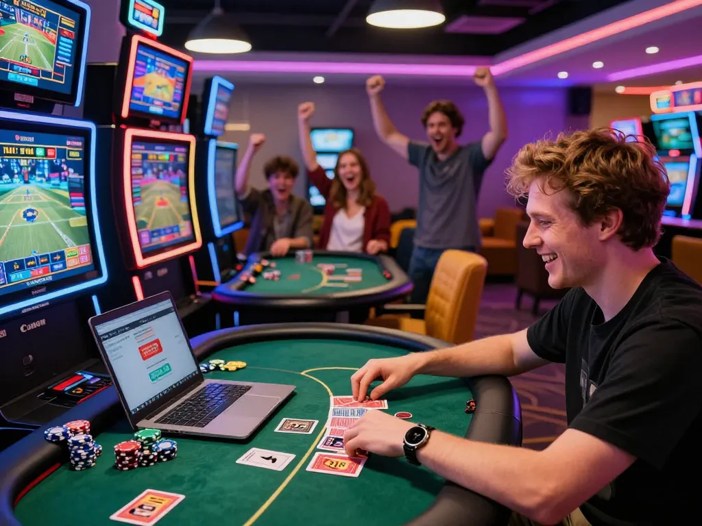 Dynamic gaming scene at 78win.com featuring excited players, vibrant casino atmosphere, and modern gaming technology.