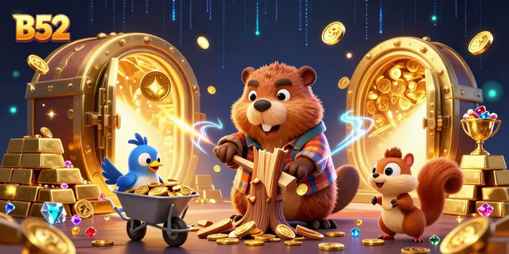 B52 offers a whimsical scene featuring a cartoon beaver chopping a coin-tree amidst treasure in a vibrant casino setting.