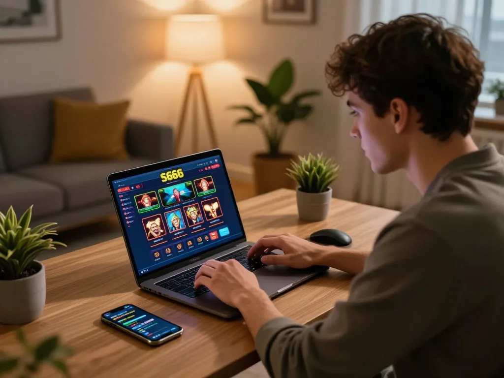 S666 player immersed in online gaming at home, showcasing laptop and smartphone gaming interface.
