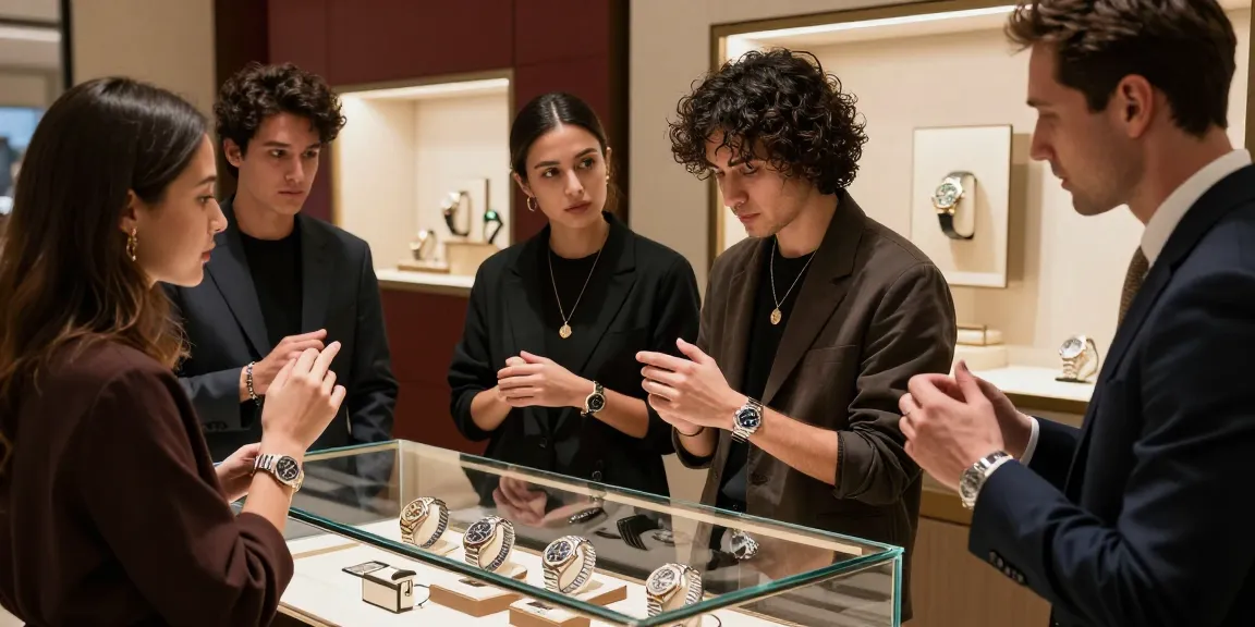 Stylish shoppers exploring premium rolex replica watches in an elegant retail space.