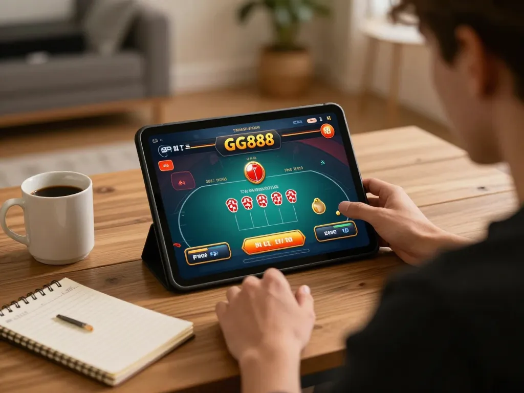 Engaging online poker gameplay on GG888 tablet, showcasing strategic betting options in a cozy home.