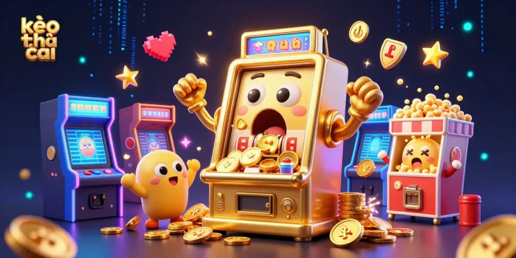 Engage with kèo nhà cái action as a golden slot machine hits a jackpot surrounded by cheering machines.