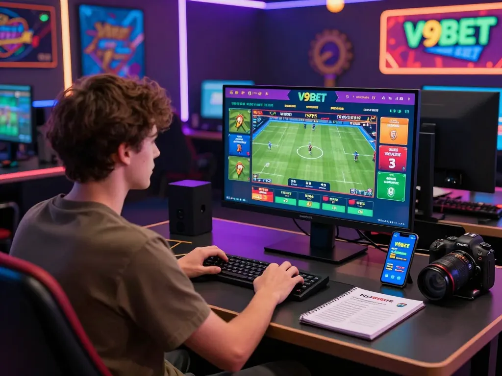Engaged player using V9BET for live sports betting amidst a vibrant gaming setting.