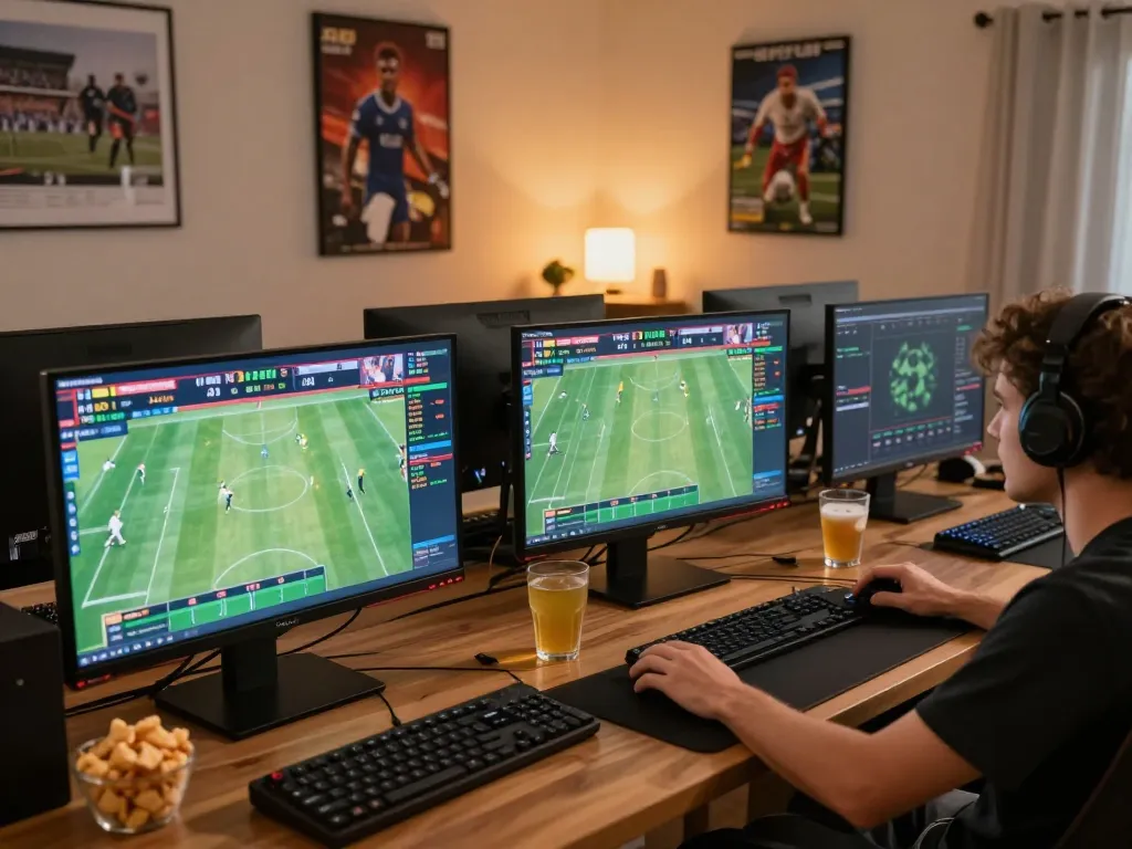 A person engaging with sports betting activities on multiple screens at https://lu88live.com/ in a cozy home environment.