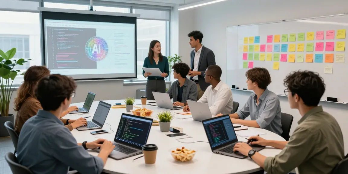 Collaborative AI workshop scene with professionals discussing ia +18 technology and innovation.