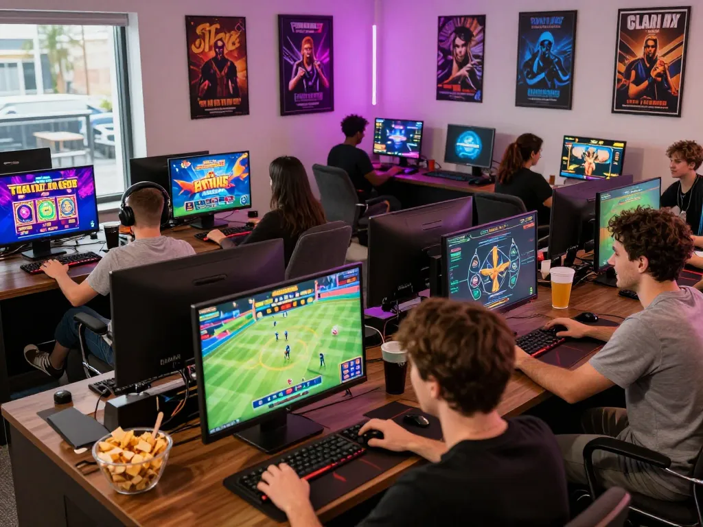 Players enjoying various games in a hit club online gaming platform, showcasing interactive devices and vibrant atmosphere.