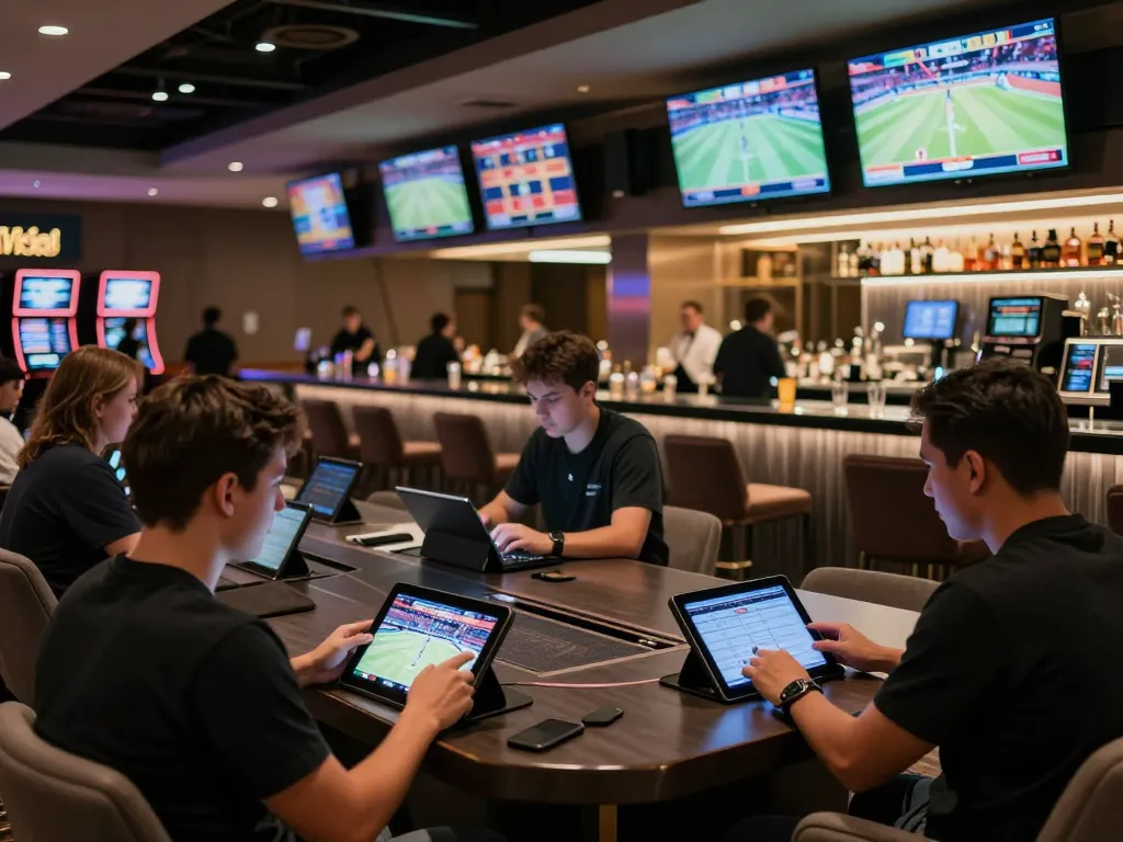 Bong88 players place strategic bets in a modern sports betting lounge with multiple screens.