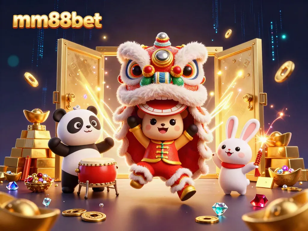 Experience excitement with mm88bet’s lively casino scene featuring traditional characters and gold treasures.
