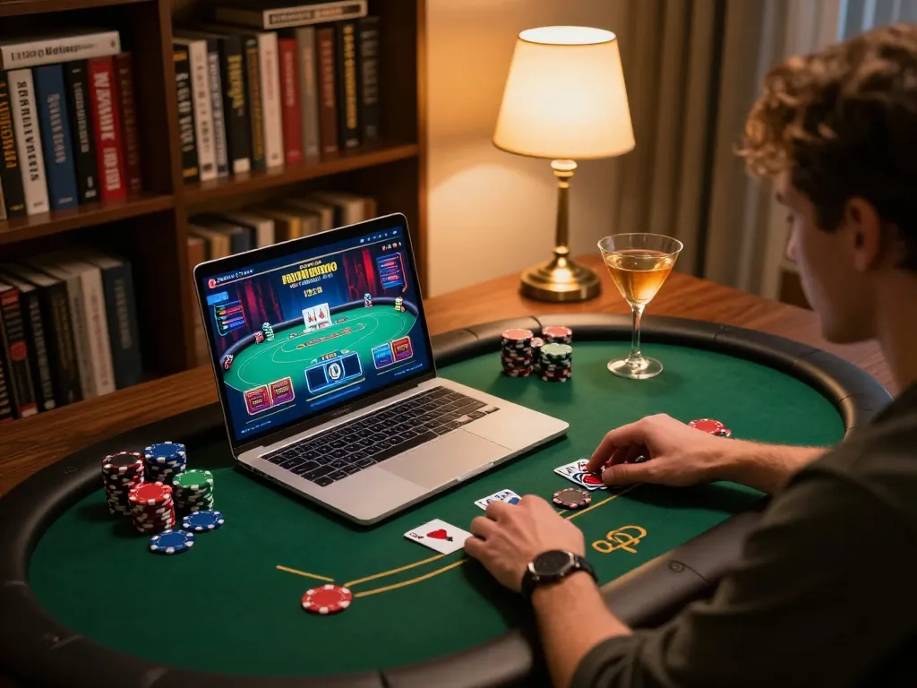 Bong88 player enjoying an online poker game on a stylish laptop, highlighting an engaging gaming experience.