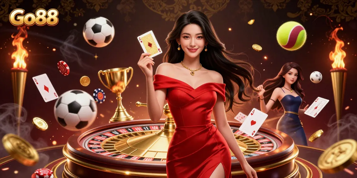 Win big at Go88 with a glamorous Asian woman holding a golden card beside a roulette wheel.
