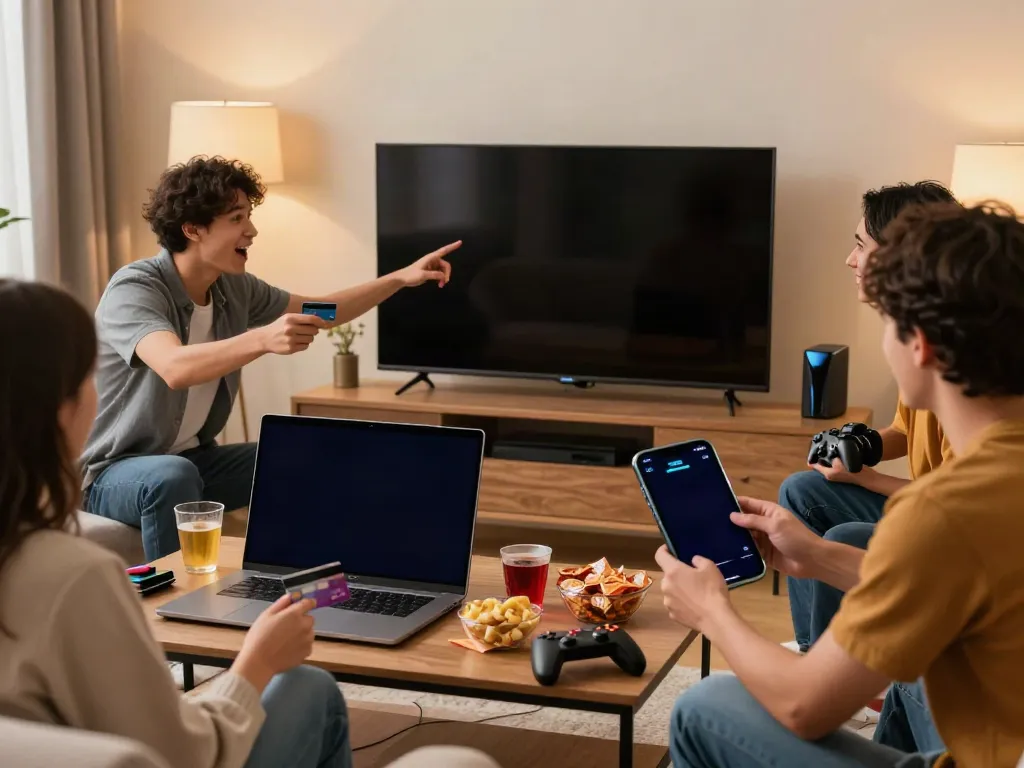 Friends enjoying online gaming at a living room, showcasing casinos that accept credit card payments with vibrant atmosphere.