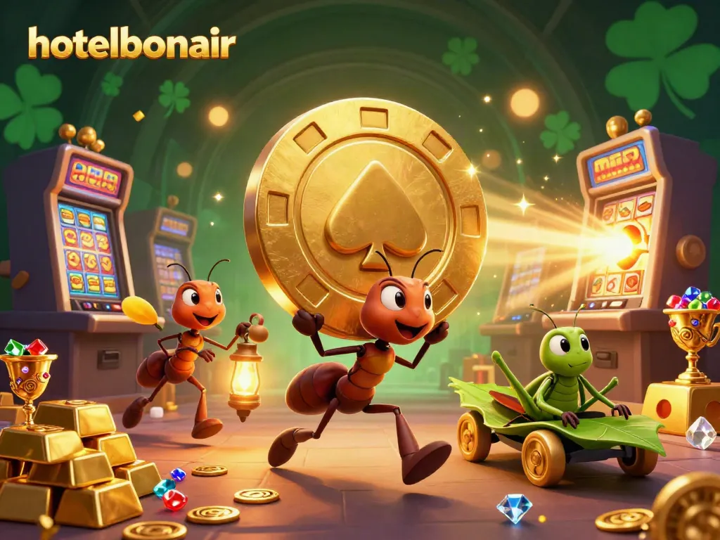 Engaging casino-themed illustration with hotelbonair exploring golden treasures and lively cartoon ants.