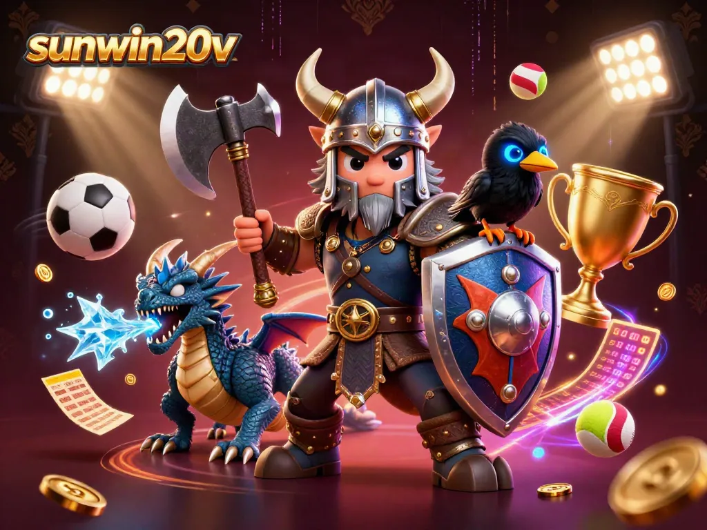 Bet on sunwin20v and join thrilling sports action with a Viking warrior and dragon!