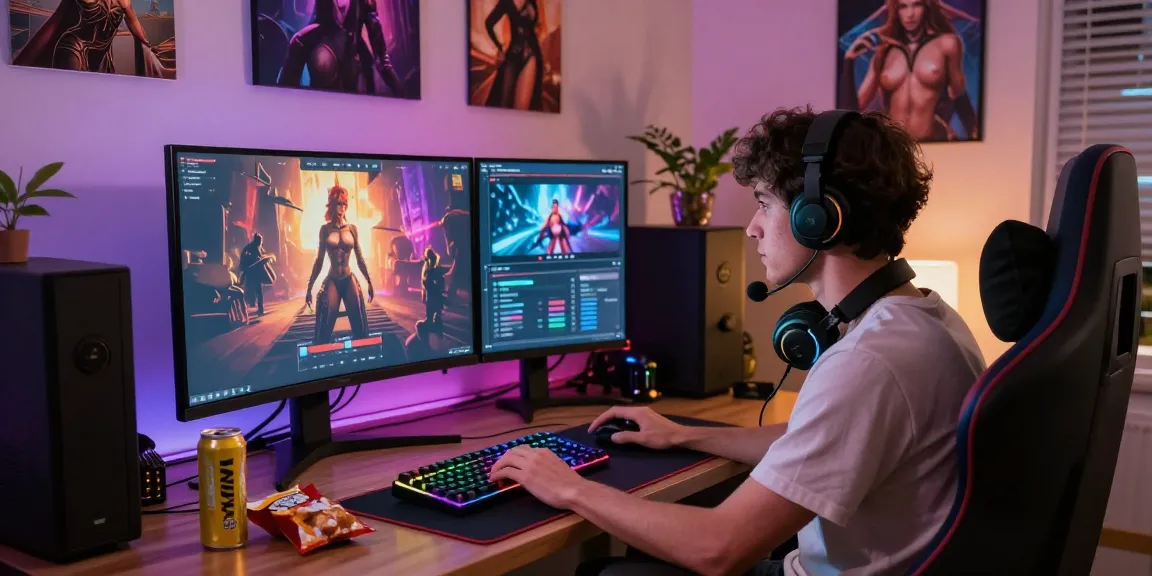 Dynamic gamer exploring immersive ai porn games in a vibrant digital setup.