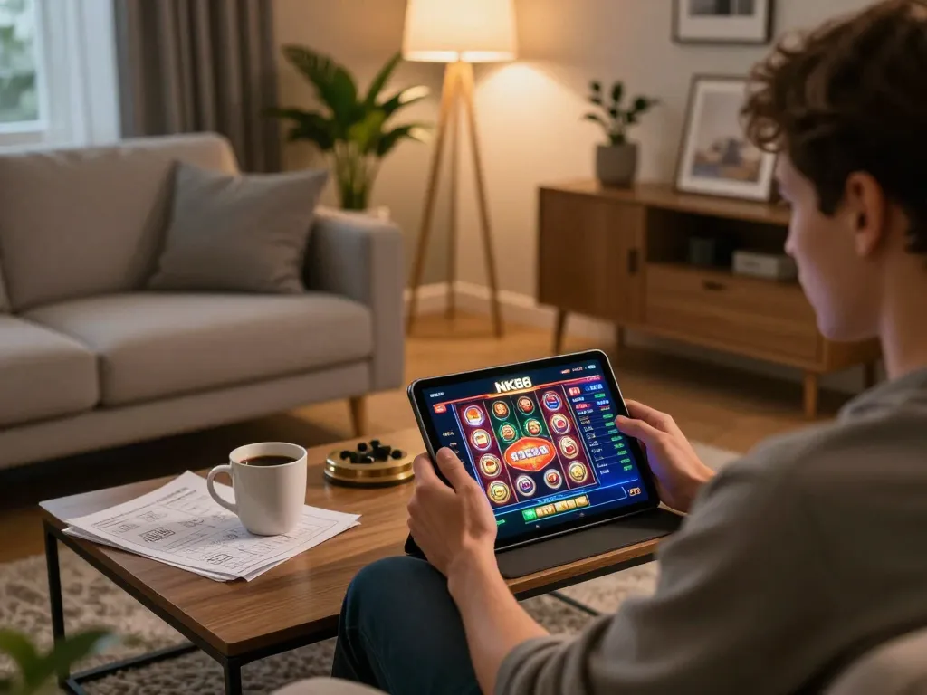 Player enjoying NK88 online casino app on tablet in a cozy living room