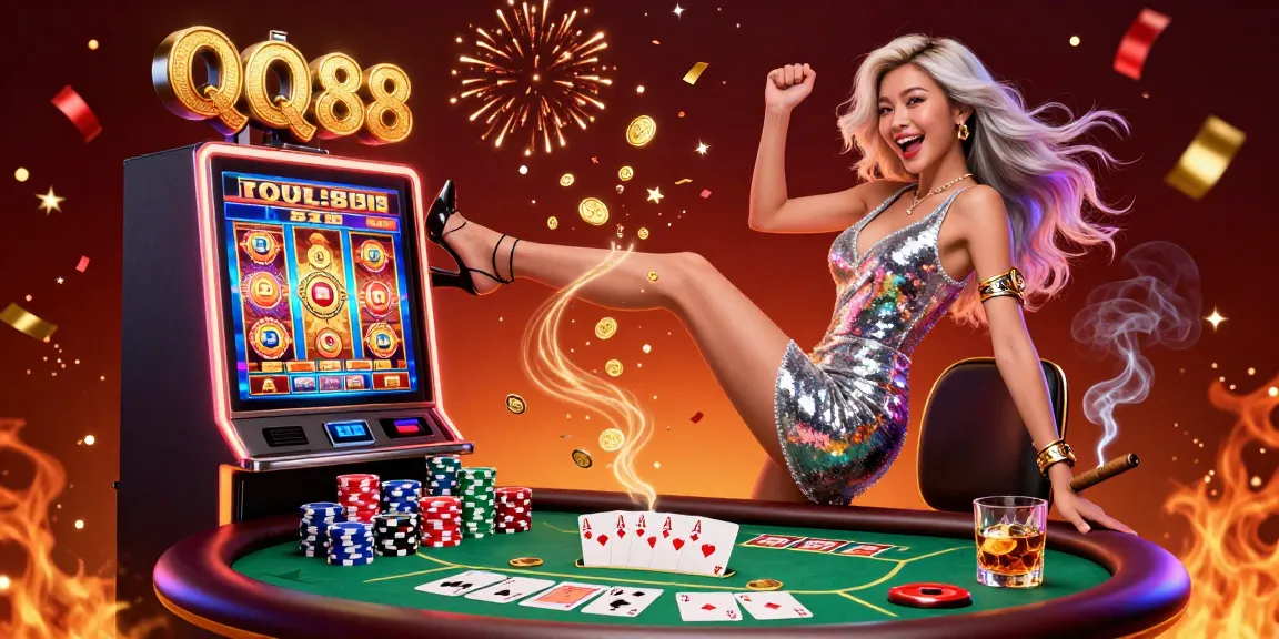 Experience excitement at QQ88 with a glamorous woman celebrating a big win beside a slot machine.