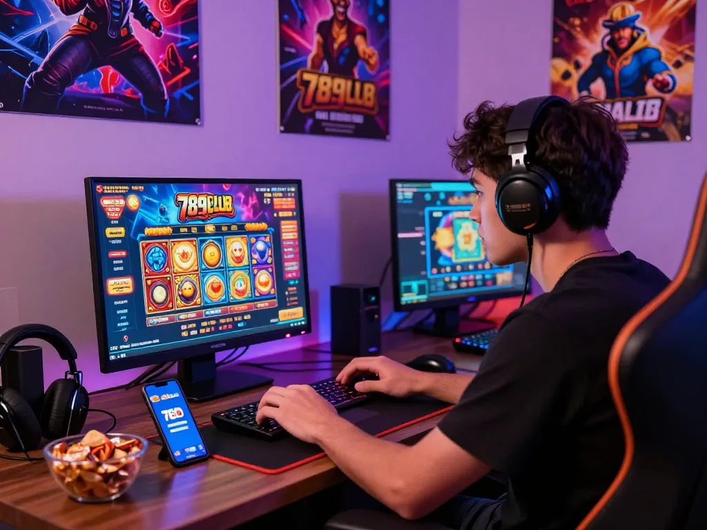 Engaging gaming scene showcasing a focused gamer enjoying 789club's online casino and diverse slot games with vibrant graphics.
