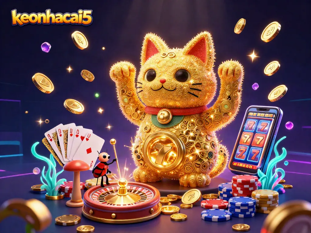 Experience keonhacai5 magic with a lucky cat made of golden fireflies amidst dazzling casino elements.