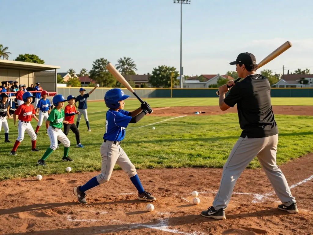 Young baseball players practicing at hitclub, capturing teamwork and energy during a sunny afternoon.