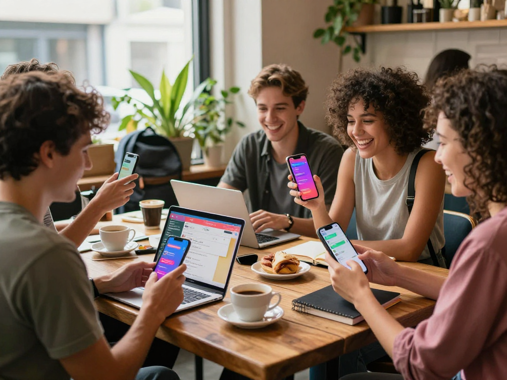 Engaged users discussing spicychat features in a lively coffee shop.