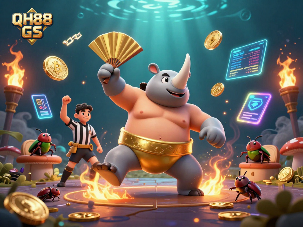 Engage with QH88 GS in this captivating 3D casino scene featuring a beetle championship match.