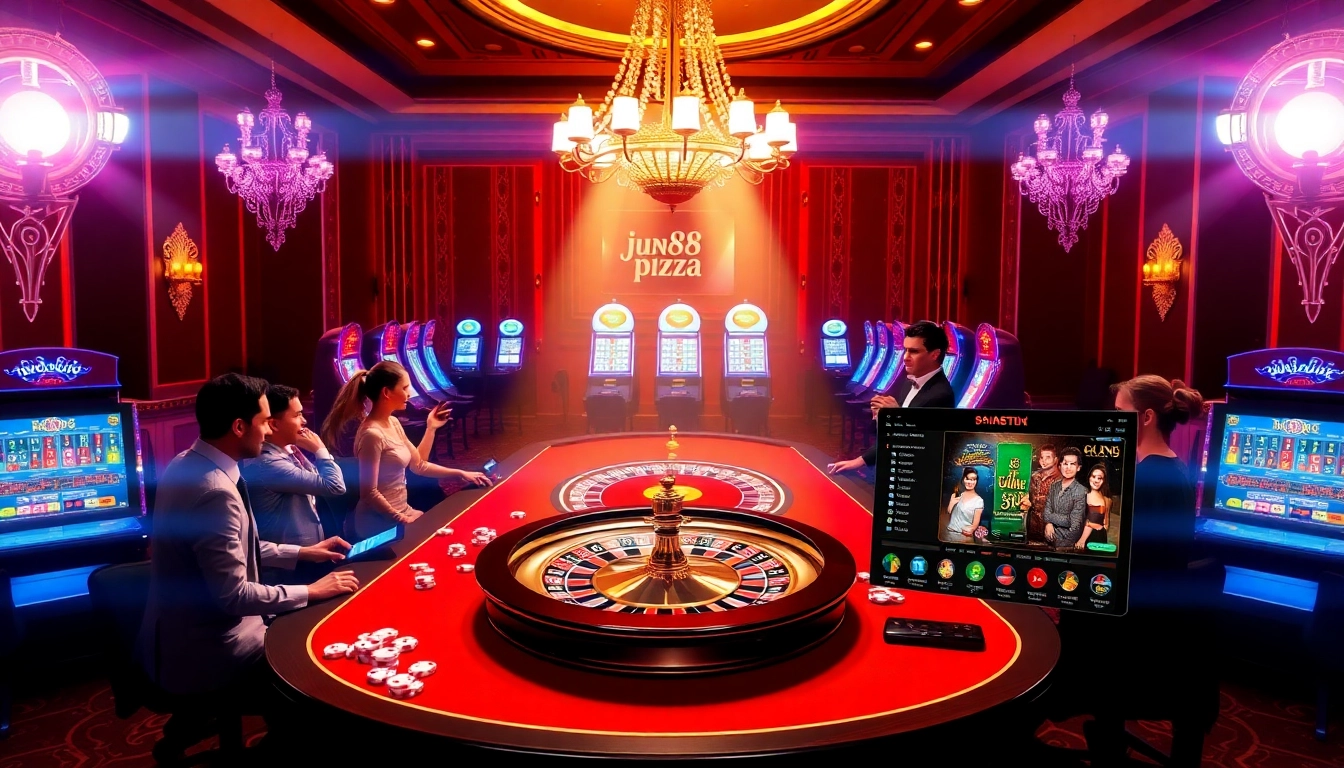 Betting excitement at jun88.pizza featuring a roulette table and vibrant casino atmosphere.