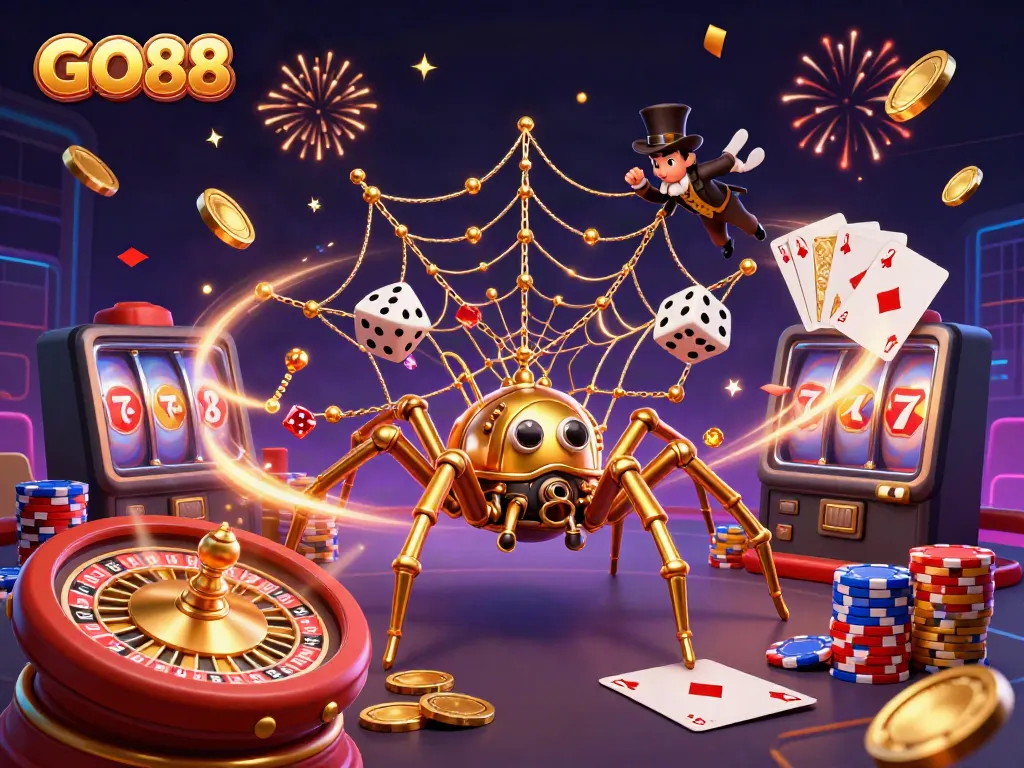 Experience the excitement of GO88 with a steampunk spider webbing golden chains and poker chips amidst a vibrant casino scene.