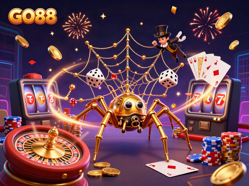 Experience the excitement of GO88 with a steampunk spider webbing golden chains and poker chips amidst a vibrant casino scene.