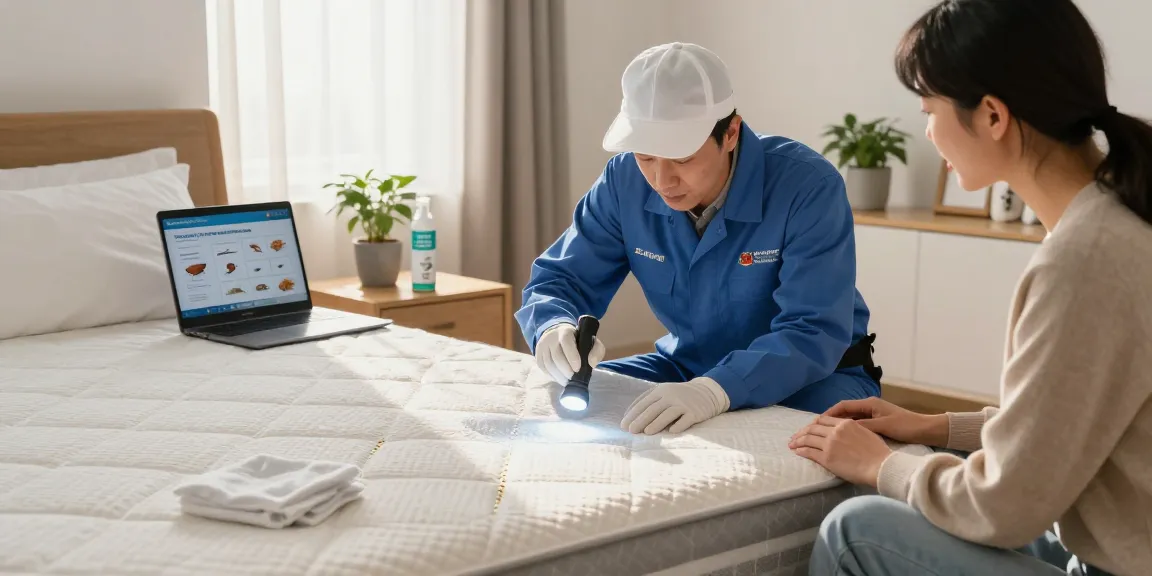Bed bug exterminators inspecting a mattress for signs of infestation in a cozy bedroom setting.