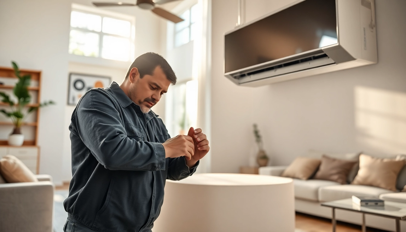 Technician performing Air Conditioning Repair Tampa in a bright living room setting.