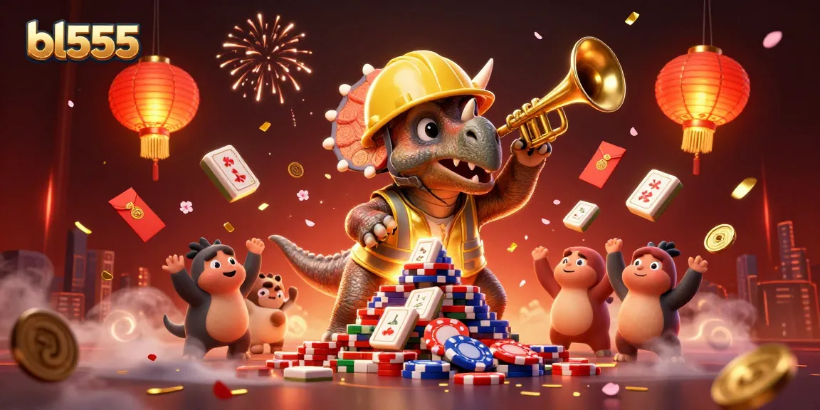 Experience the excitement at bl555 with a vibrant casino scene featuring animated dinosaurs celebrating wins.