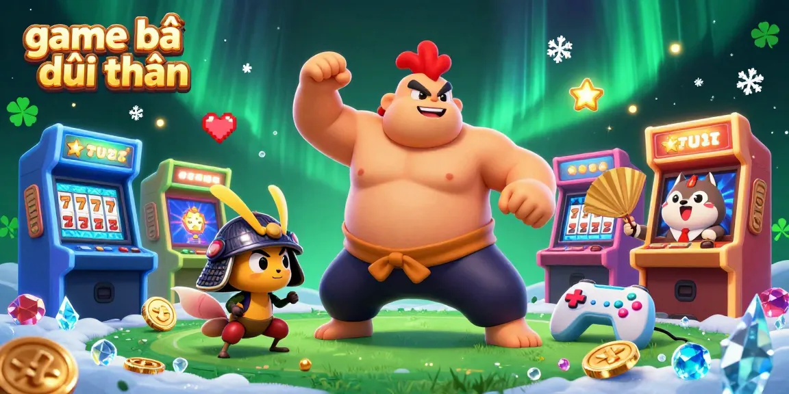 Engage in game bài đổi thưởng with a powerful sumo wrestler and fierce cricket amid vibrant arcade elements.