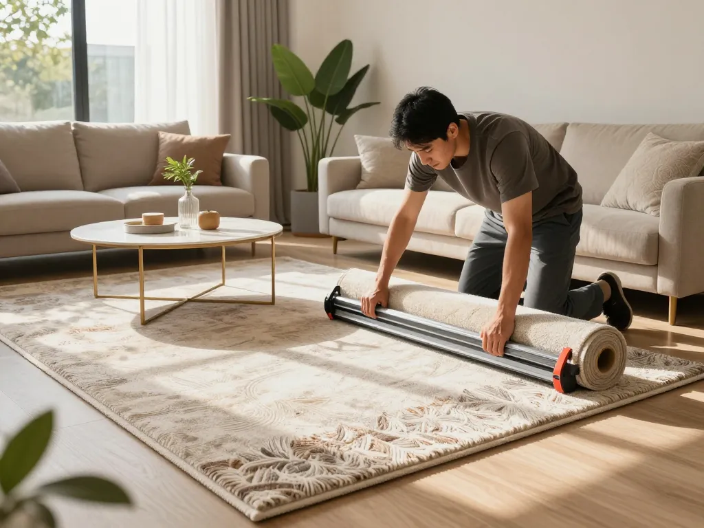 Expert carpet fitting services West London in a modern living room with a professional at work and vibrant interior.