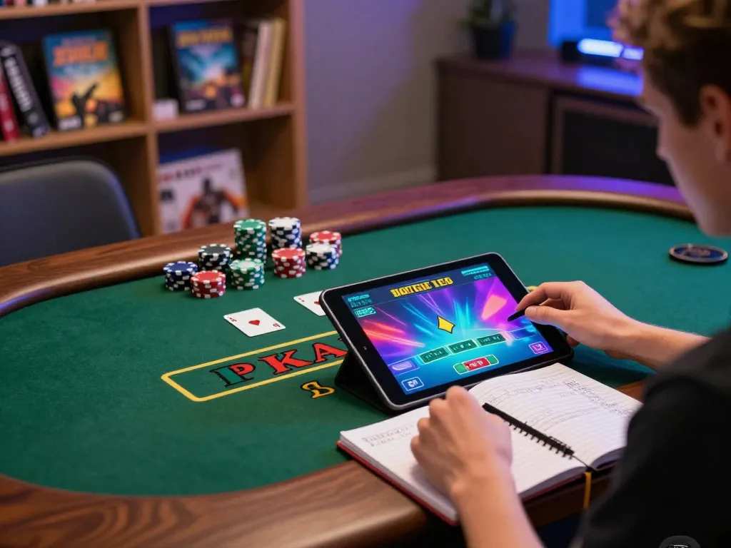 Engaged player using a tablet for NHÀ CÁI G28 live blackjack, showcasing strategic gameplay.