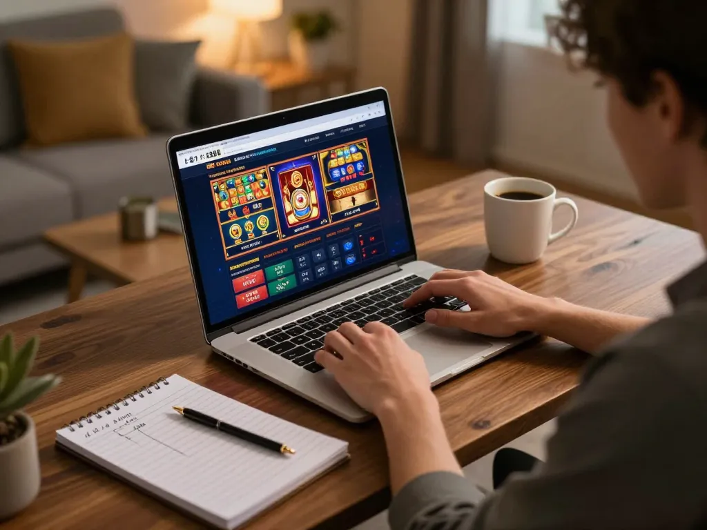 Player enjoying AE888 online casino with laptop displaying games and betting options in a cozy setting.