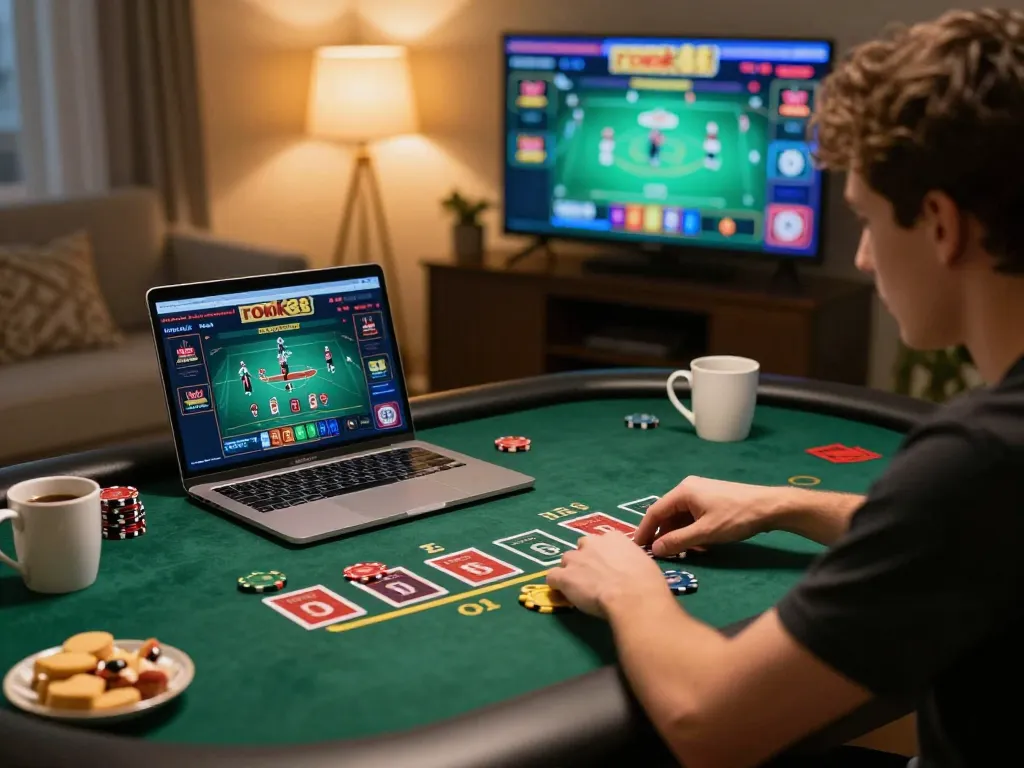 Player enjoying blackjack on rokok88 online casino platform in a cozy home setting.