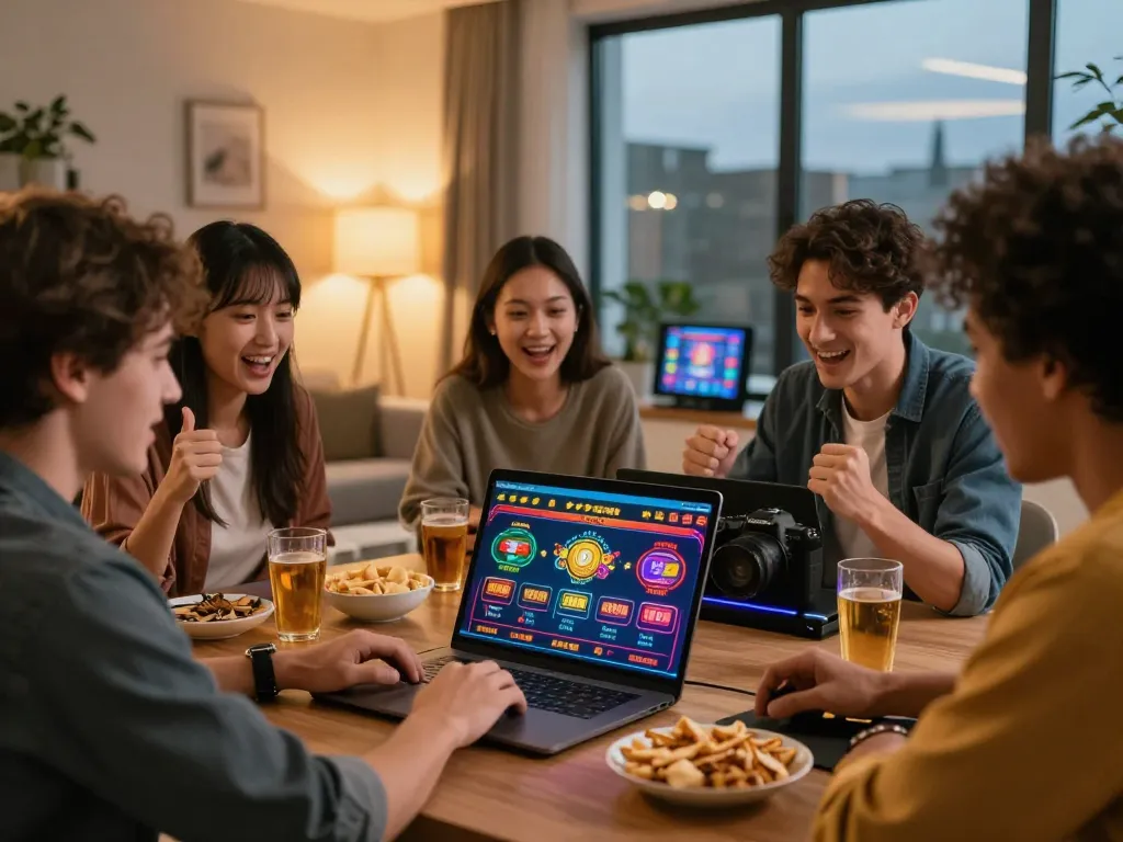 Excited friends placing bets together at home using https://rikbet.in.net/ for online gambling.