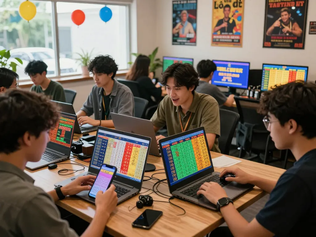Dynamic group of players engaged in online betting on danh de online, discussing lucky numbers and strategies in a vibrant setting.