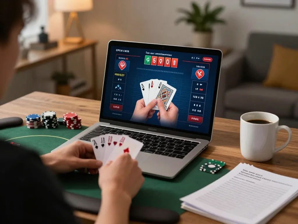 SHBET player engaged in an online poker game with strategy notes visible, enjoying responsible gambling at home.