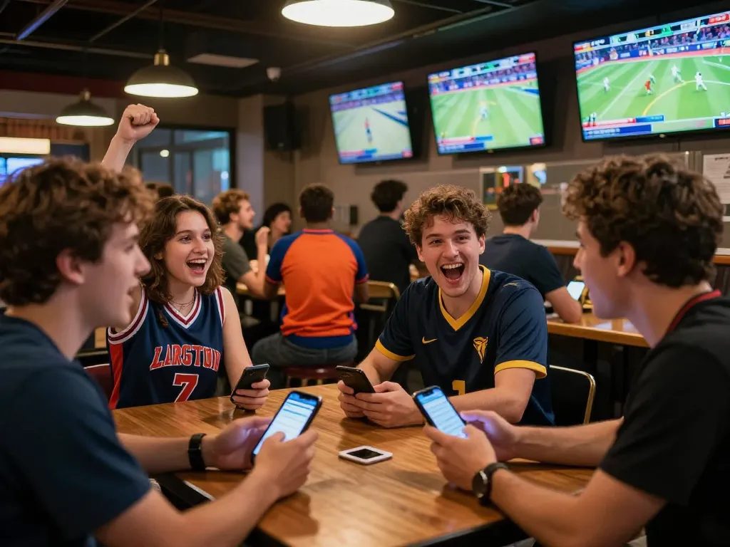 Bong88 users cheering during live sports betting at an exciting venue.