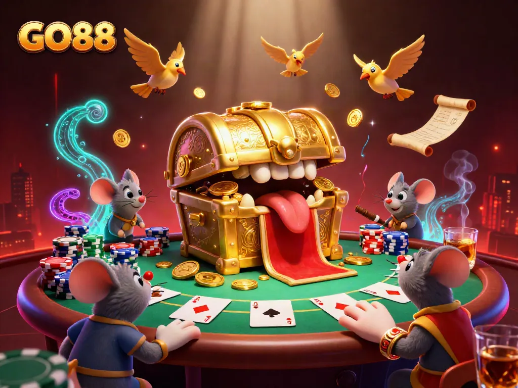 Go88 players enjoy vibrant poker scenes with treasure and key-shaped birds amidst a dynamic casino ambiance.