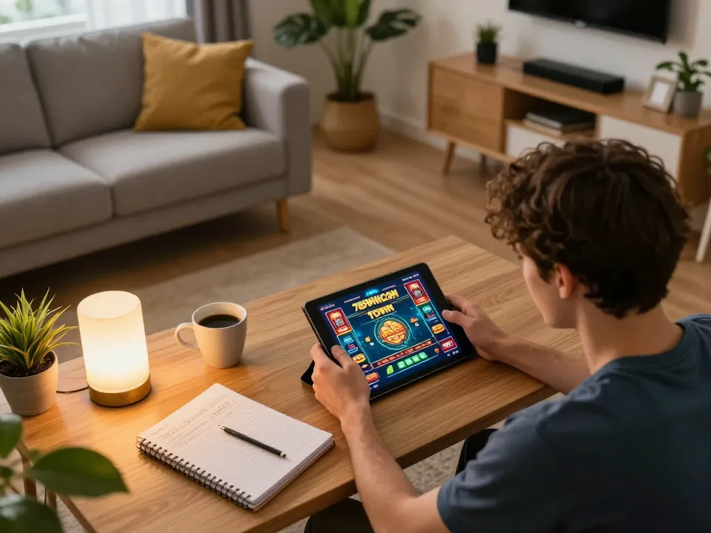 Engaging player on tablet at home playing 789WINCOM TOWN casino games with strategic notes on table.