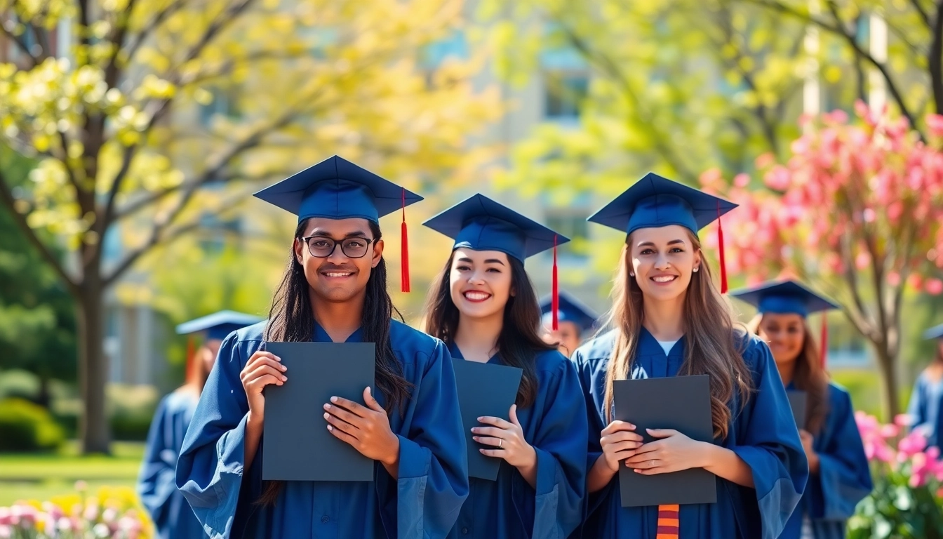 Graduates proudly celebrating their achievements with diplomas on a university campus